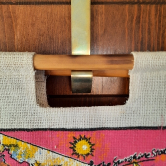 NWOT Vintage Florida graphic wood handle woven large reusable tote beach bag - Picture 2 of 9